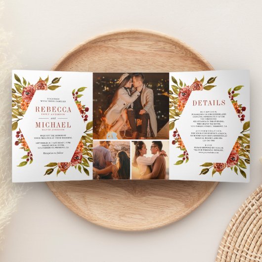 燃素朴焼オレンジ色フローラフォトコラージュ結婚ズ 三つ折り招待状