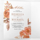 燃素朴焼オレンジ色フローラフォトコラージュ結婚ズ 三つ折り招待状 (内部最初)