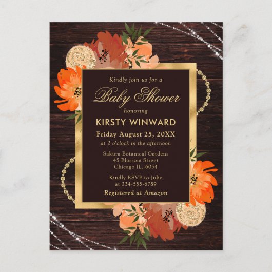 燃素朴焼オレンジ色秋花赤ちゃんシャワー ポストカード (正面)