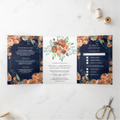 燃自然焼オレンジフローラネイビーブルー結婚ズ 三つ折り招待状 (内部)