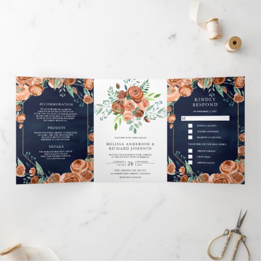 燃自然焼オレンジフローラネイビーブルー結婚ズ 三つ折り招待状 (内部)