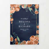 燃自然焼オレンジフローラネイビーブルー結婚ズ 三つ折り招待状 (カバー)
