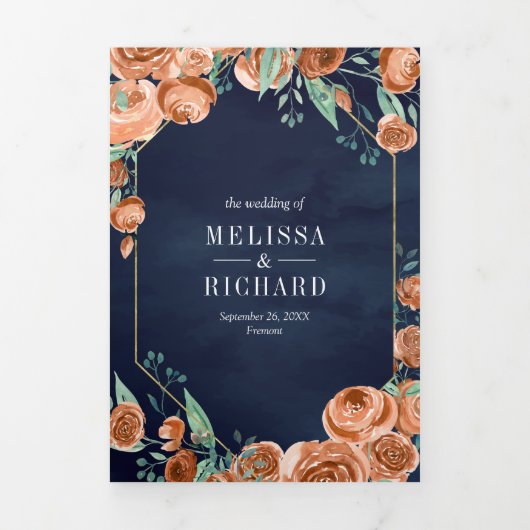 燃自然焼オレンジフローラネイビーブルー結婚ズ 三つ折り招待状 (カバー)