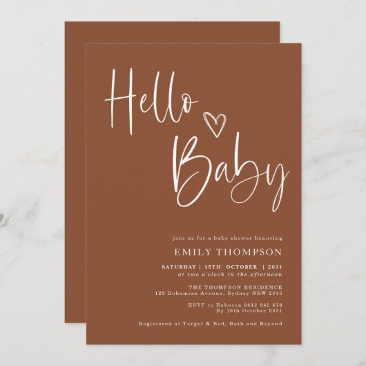 燃自然焼オレンジミニマリストニュートラルベビーシャワー 招待状 (正面/裏面)