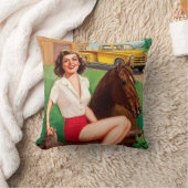 爆弾の悪い女の子のレトロの農場で働く女性及び馬 クッション (ブランケット)