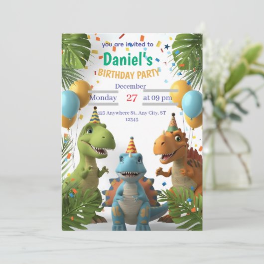 爆発音の恐竜の男の子の誕生日パーティーの招待状 | 招待状 (スタンド正面)