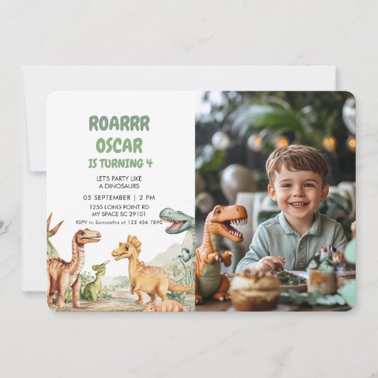 爆発音の恐竜の誕生日パーティーの写真 招待状 (正面)