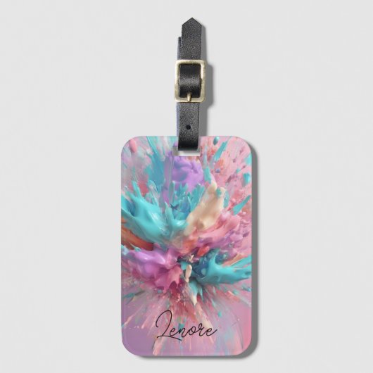 爆破絵を描抽象芸術ピンクターコイズ薄紫 ラゲッジタグ (正面縦)