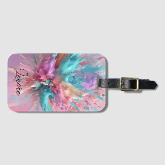 爆破絵を描抽象芸術ピンクターコイズ薄紫 ラゲッジタグ (正面横)