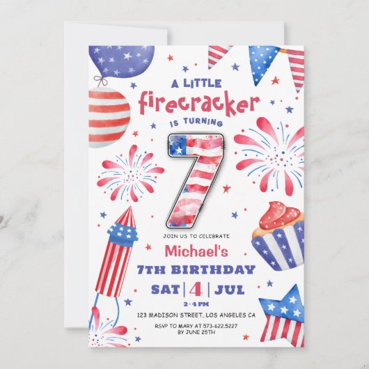 爆竹4日7月7日誕生日愛国かわいい 招待状 (正面)