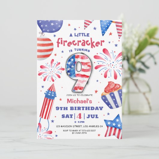 爆竹4日7月9日誕生日愛国かわいい 招待状 (スタンド正面)