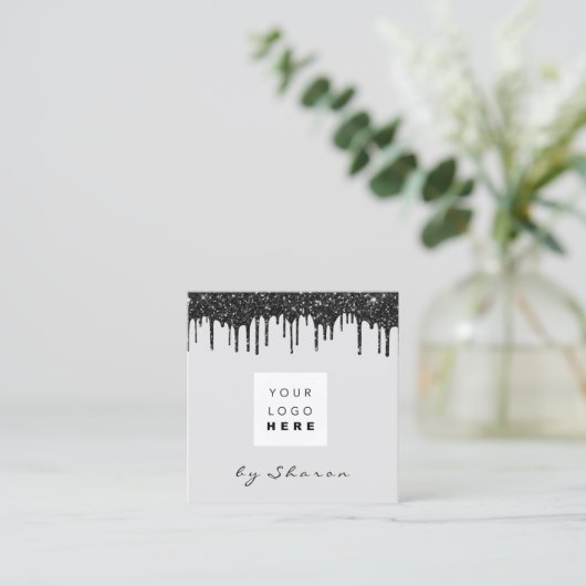 爪、 ネイルまばたきブラックドリップ6パンチズロゴグレー スクエア名刺 (スタンド正面)