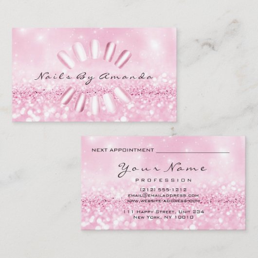 爪、 ネイルアーティストマニキュアグリッターピンクアポイントメント 予約カード (正面/裏面)