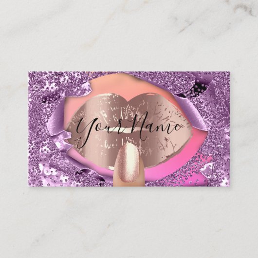 爪、 ネイルアーティストメイクアップバラパープルキスリップグリッター 名刺 (正面)