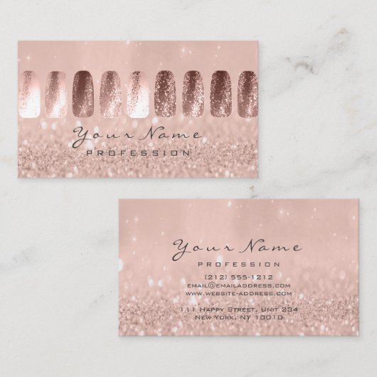 爪、 ネイルアートグリッタースキニーパステルピンクローズ 名刺 (正面/裏面)