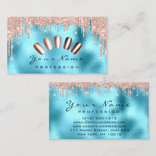 爪、 ネイルアートグリッタースキニーブルーバラマニキュアドリップ 名刺 (正面/裏面)