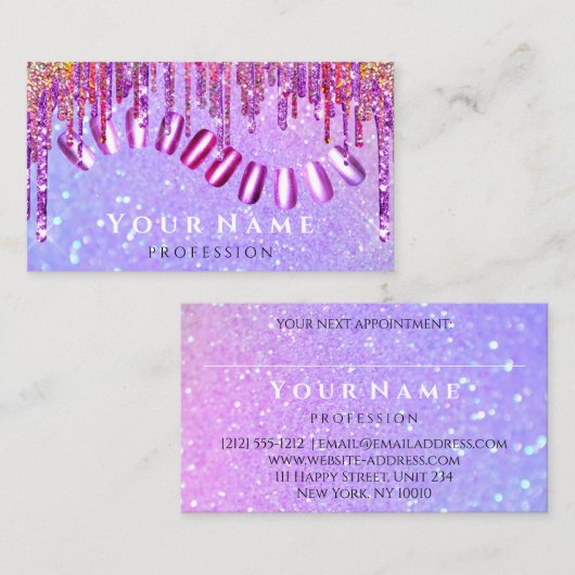 爪、 ネイルスタイリストマニキュアピンクグリッターホログラフVIP 名刺 (正面/裏面)
