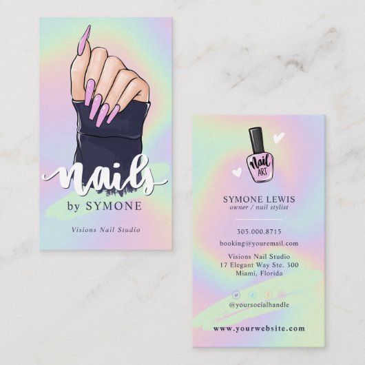 爪、 ネイルテクアーティスト美しいサロンパステルホログラフィック 名刺 (正面/裏面)