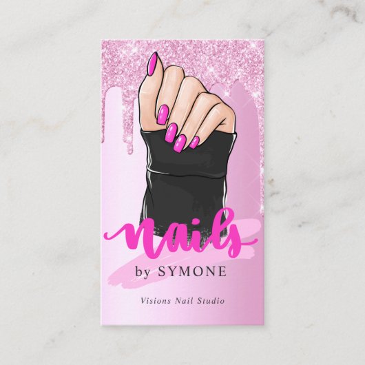 爪、 ネイルテクネイルアーティストサロンピンクグリッター滴下 名刺 (正面)