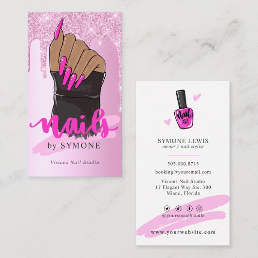 爪、 ネイルテクネイルアーティストサロンピンクグリッター滴下  名刺 (正面/裏面)
