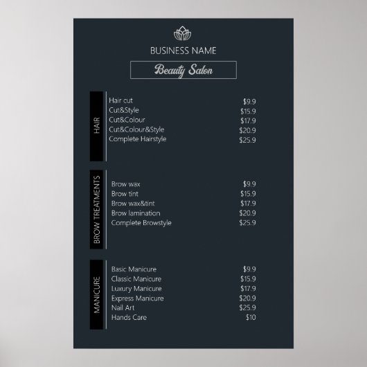 爪、 ネイルテックエステティシャン価格表白黒グレー ポスター (正面)