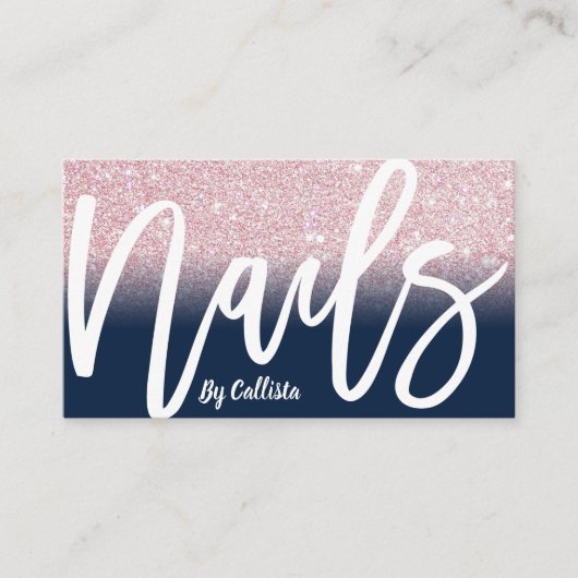 爪、 ネイルテックネイビーピンクグリッターグラデーションタイポグラフィ 名刺 (正面)