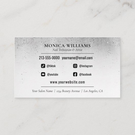 爪、 ネイルテックネイルアーティストシルバーグラムグリッターサロン 名刺 (裏面)