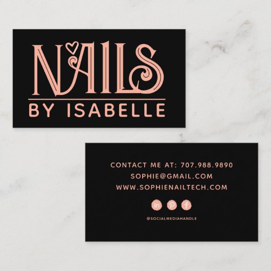 爪、 ネイルテックネイルアーティストピンクブラックビジネスカード 名刺 (正面/裏面)
