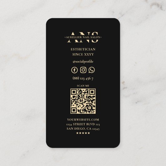 爪、 ネイルテックネイルアーティストブラック金ゴールドドリップモダン 名刺 (裏面)