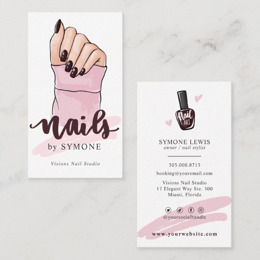 爪、 ネイルテックネイルアーティスト美しいサロン赤面ピンクブシ 名刺 (正面/裏面)