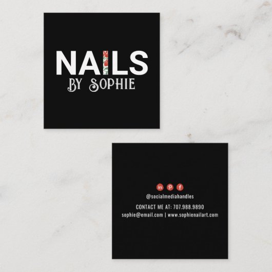 爪、 ネイルテックネイルアートブラックスクエアビジネスカード スクエア名刺 (正面/裏面)