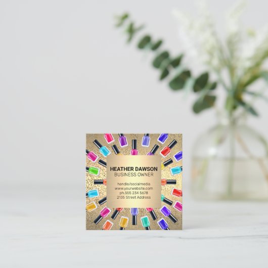 爪、 ネイルポーランドボトルフレーム | 金ゴールド金属片 スクエア名刺 (スタンド正面)