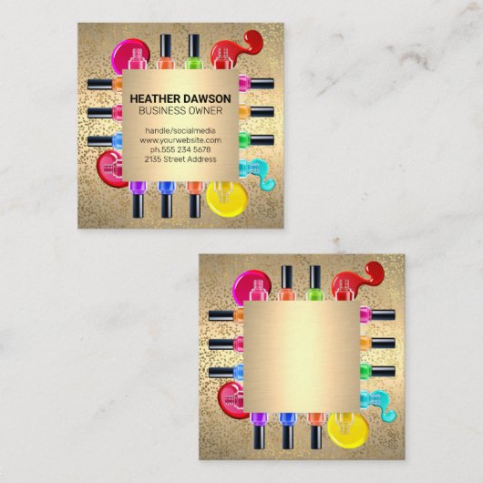 爪、 ネイルポーランドボトルフレーム | 高級金ゴールド スクエア名刺 (正面/裏面)