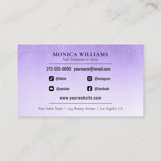 爪、 ネイルマニキュアテックパープルグラムグリッターネイルアーティスト 名刺 (裏面)