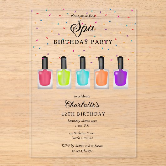 爪、 ネイルマニキュアペディキュアマニペディガールスパ誕生日 アクリル招待状 (正面)