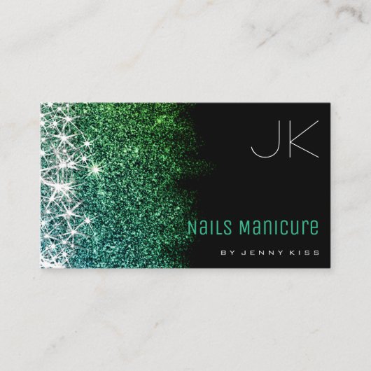 爪、 ネイルマニキュア発光ティール(緑がかった色)グリッター星モダン 名刺 (正面)