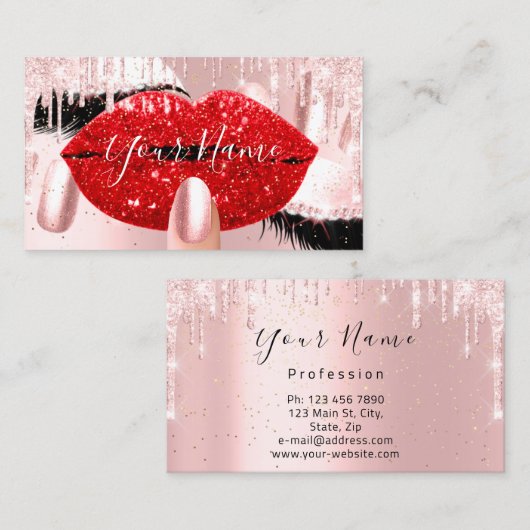 爪、 ネイルメイクアップアーティストバラレッドキスリップピンクラッシュ 名刺 (正面/裏面)
