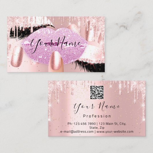 爪、 ネイルメイクアップアーティストピンクキスリップラッシュQRCODEロゴ 名刺 (正面/裏面)