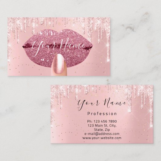 爪、 ネイルメイクアップアーティストピンクドリップスキスリップバラ金ゴールド 名刺 (正面/裏面)