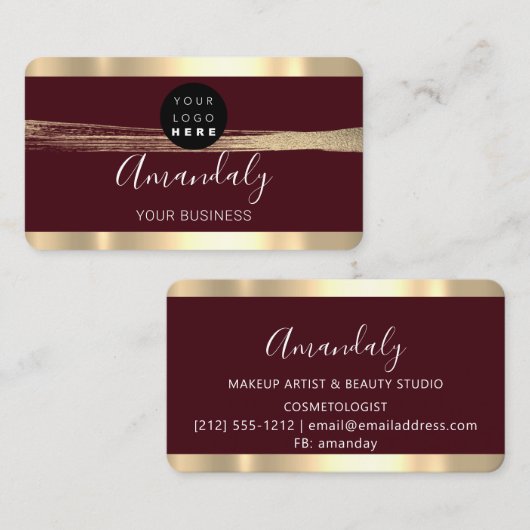 爪、 ネイルメイクアップスタイリスト金ゴールドマルーンのストロークロゴ 名刺 (正面/裏面)