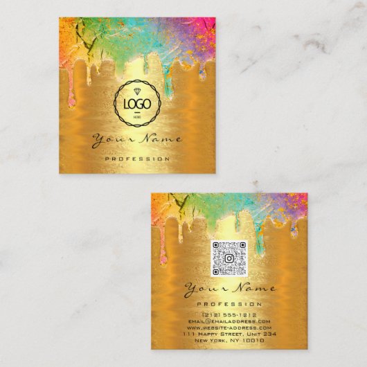 爪、 ネイルメイクアップホログラフドリップロゴQRCode金ゴールドユニコール スクエア名刺 (正面/裏面)