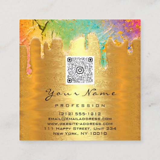 爪、 ネイルメイクアップホログラフドリップロゴQRCode金ゴールドユニコール スクエア名刺 (裏面)