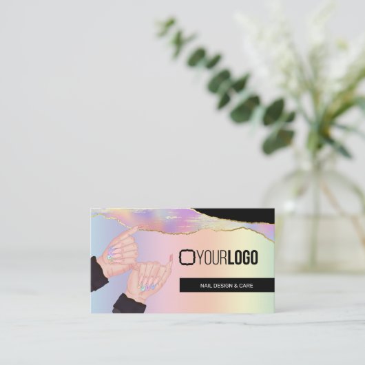 爪、 ネイル技術/サロンホログラフィックレインボーカスタムロゴ 名刺 (スタンド正面)