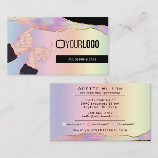 爪、 ネイル技術/サロンホログラフィックレインボーカスタムロゴ 名刺 (正面/裏面)
