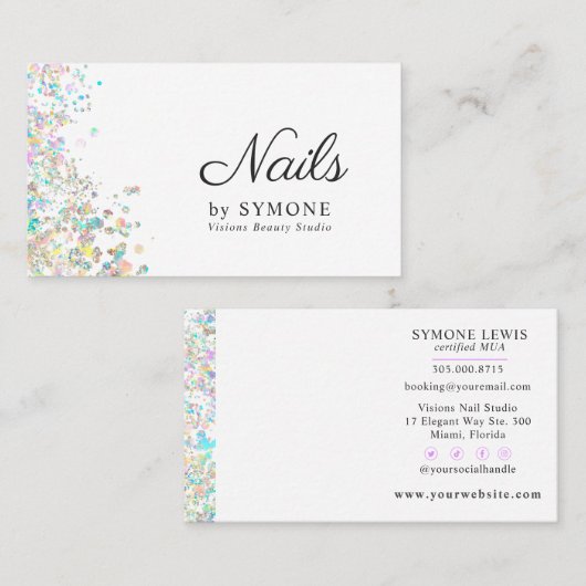 爪、 ネイル技術、ネイルアーティスト、サロンホログラフィックグリッター 名刺 (正面/裏面)