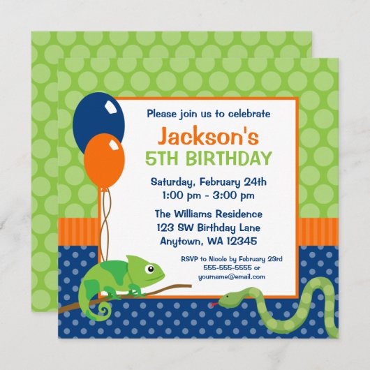爬虫性水玉模様子供の誕生日 招待状 (正面/裏面)