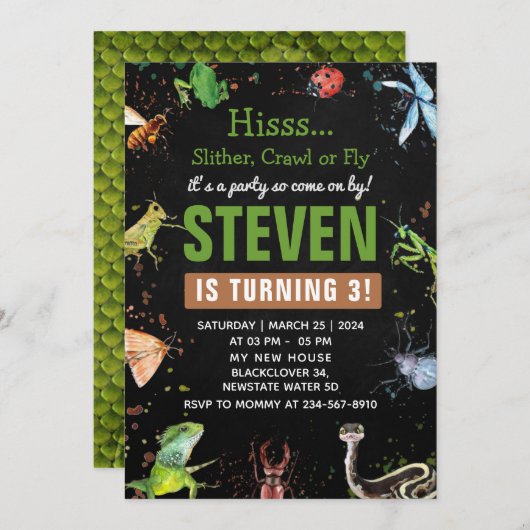 爬虫類と昆虫の夜の招待状(編集可能) 招待状 (正面/裏面)