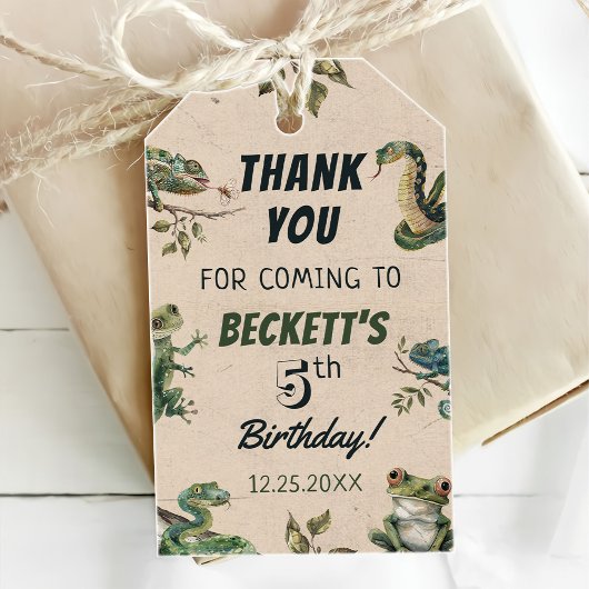 爬虫類をテーマにした子供の誕生日パーティー ギフトタグ
