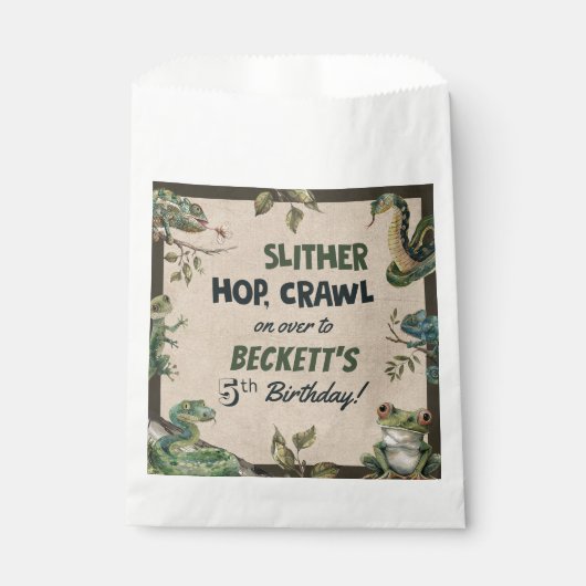 爬虫類をテーマにした子供の誕生日パーティー フェイバーバッグ (正面)