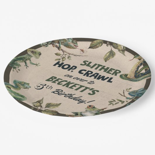 爬虫類をテーマにした子供の誕生日パーティー ペーパープレート (アングル)